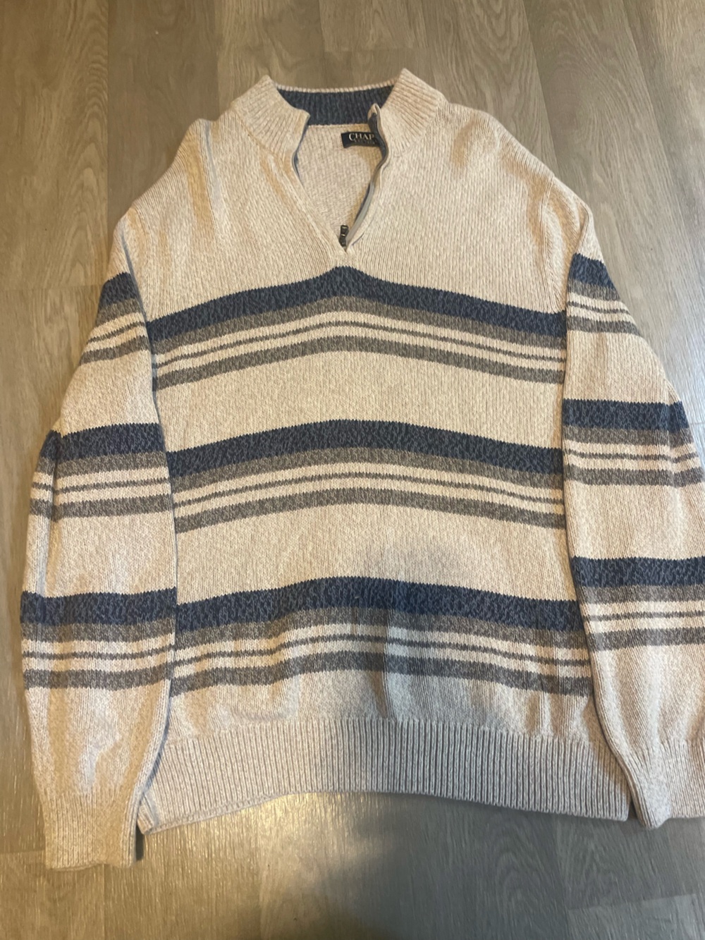 Chaps Cream Half-Zip Sweater with Blue & Gray Stripes